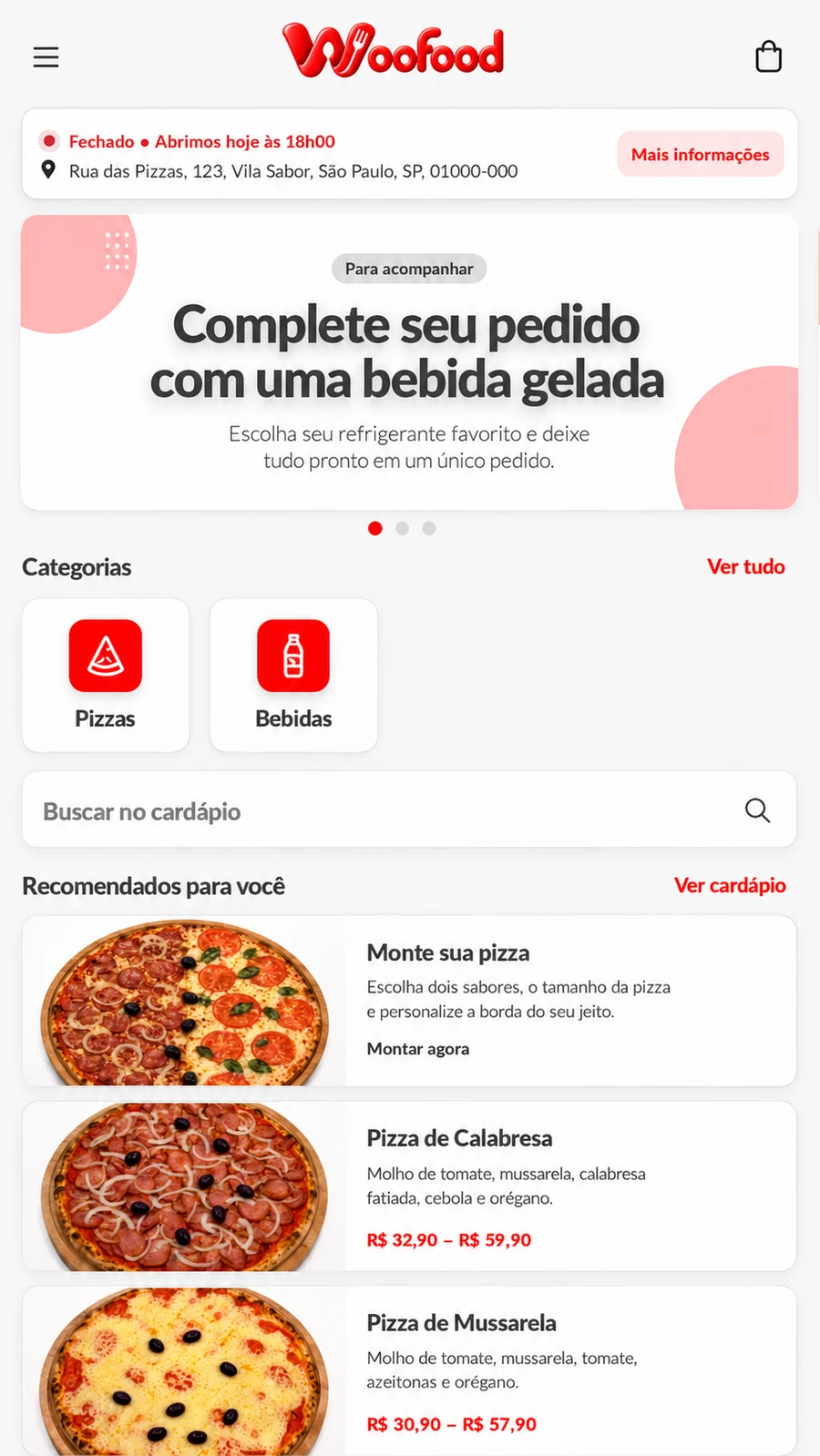 Interface responsiva do WooFood em celular
